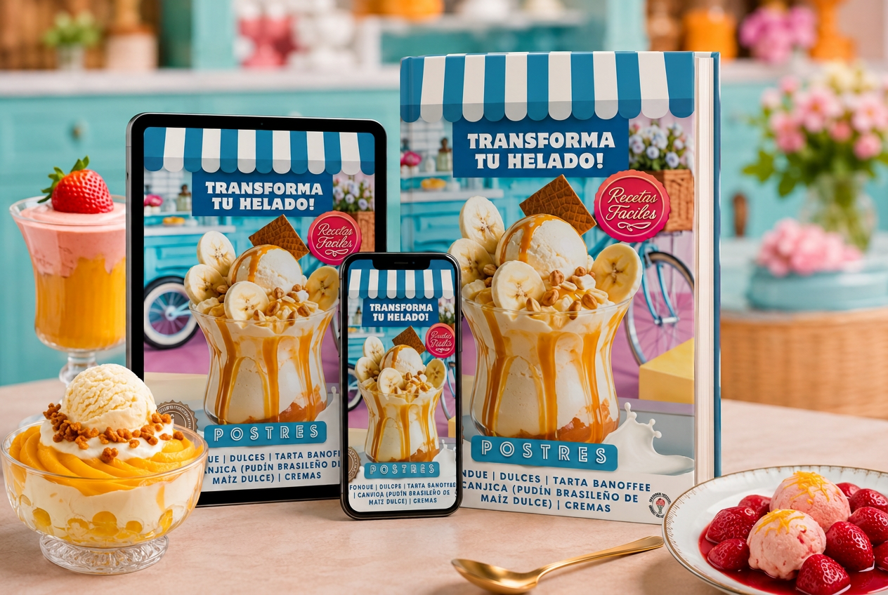 Mockup del e-book TRANSFORMA TU HELADO — POSTRES junto a postres de la edición